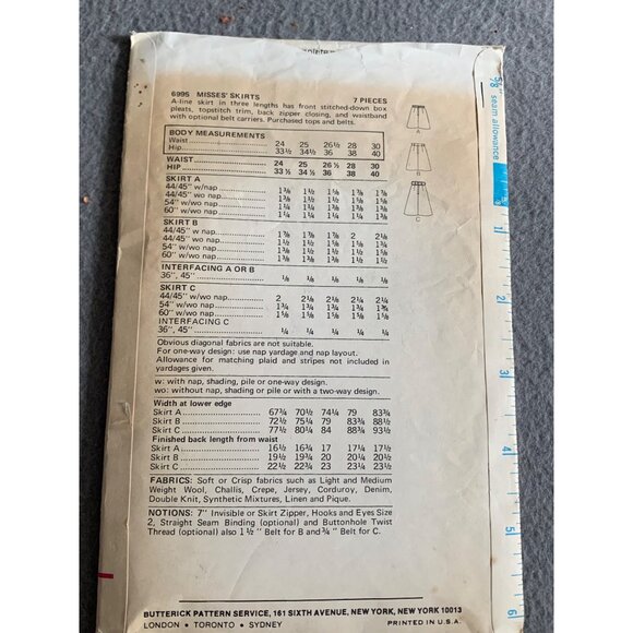 Butterick 6995 Vintage Sewing Pattern For Misses Skirts Waist 24-30" - Picture 2 of 2